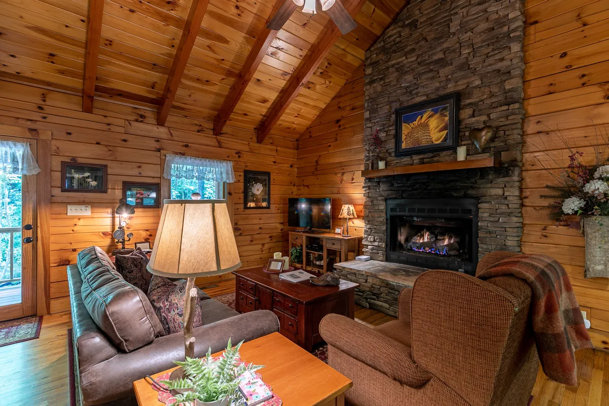 A comfortable living space centered around a fireplace, with a soft sofa, a functional coffee table, and exposed wooden beams overhead. The environment feels intimate, inviting, and ideal for reading or watching TV with a warm fire.